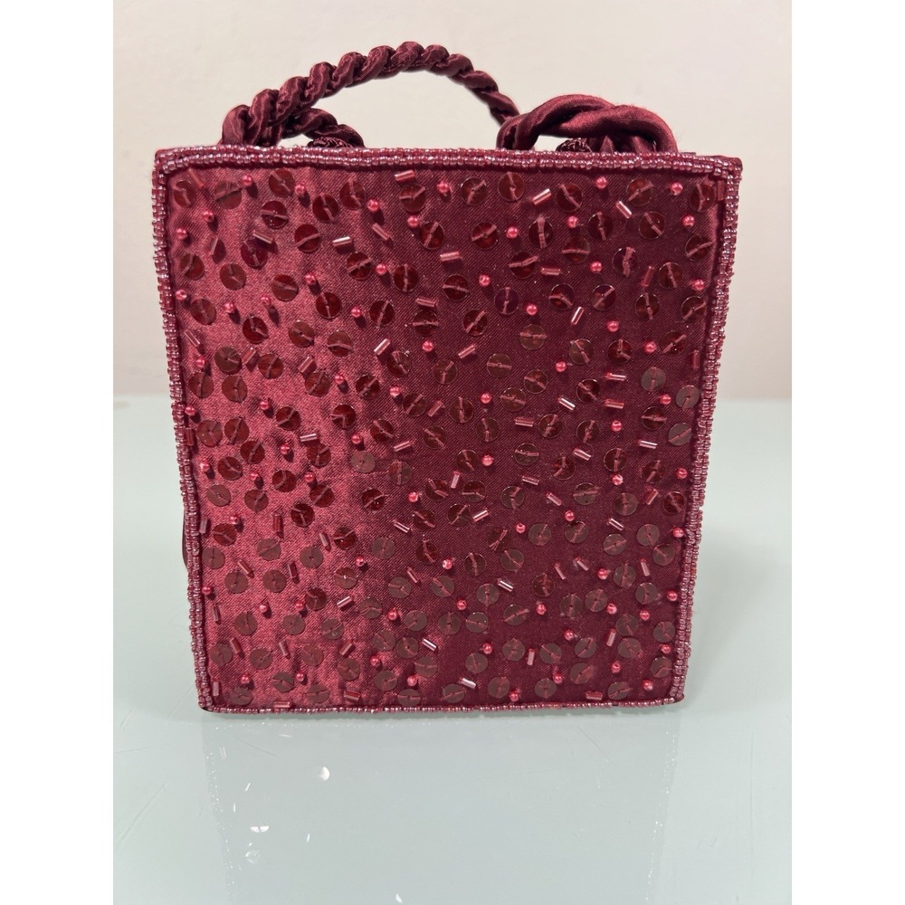 Vintage 80s Red Satin Beaded Evening Bag‎ Box Clutch Formal Purse